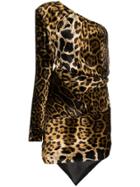 Saint Laurent One Shoulder Leopard Print Dress - Brown