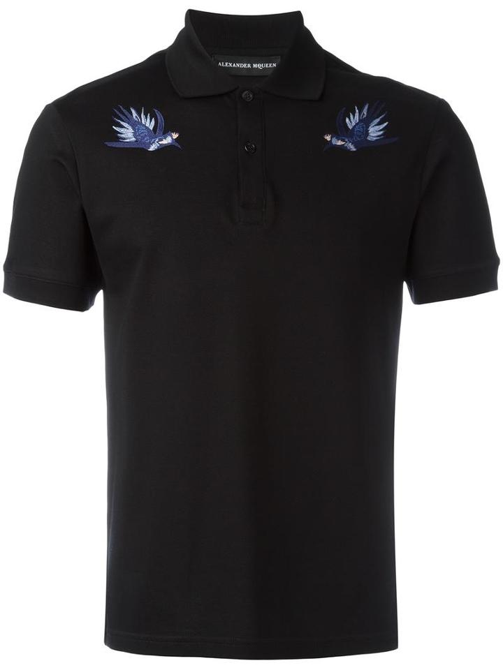 Alexander Mcqueen Swallow Embroidered Polo Shirt, Men's, Size: Medium, Black, Cotton