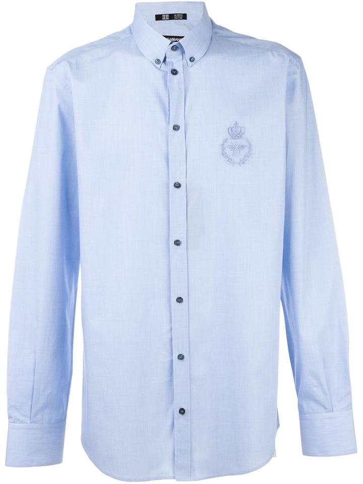 Dolce & Gabbana Crown & Bee Embroidered Shirt, Men's, Size: 40, Blue, Cotton