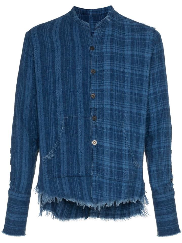 Greg Lauren Checked And Pouch Detail Cotton Shirt - Blue