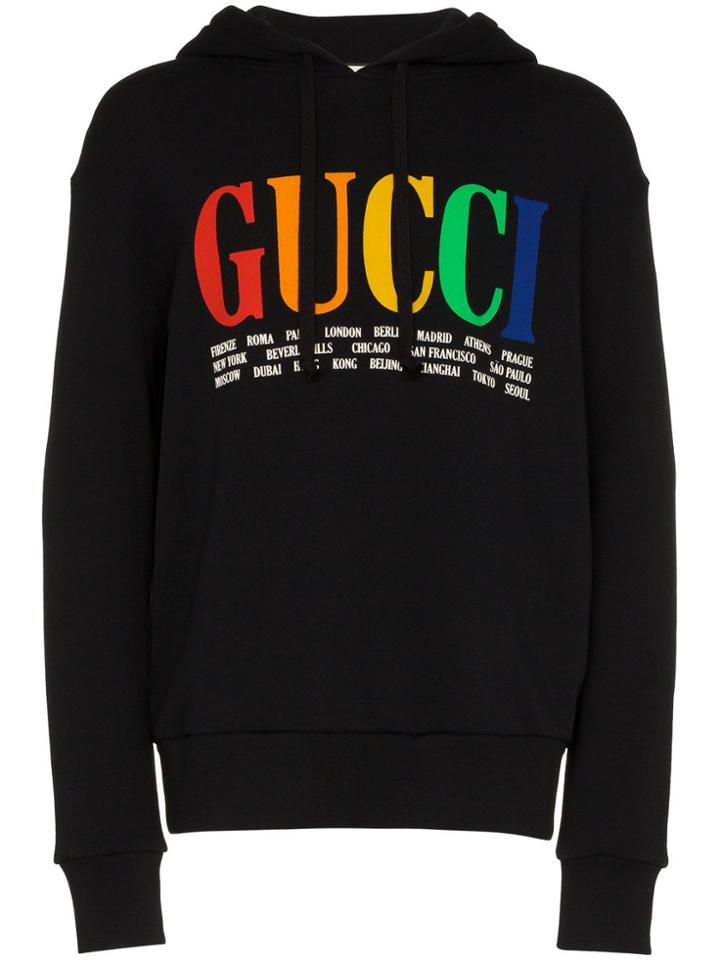 Gucci Rainbow Logo Print Cotton Hoodie - Black