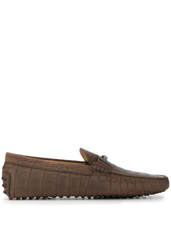 Tod's Gommino Crocodile Embossed Loafers - Brown