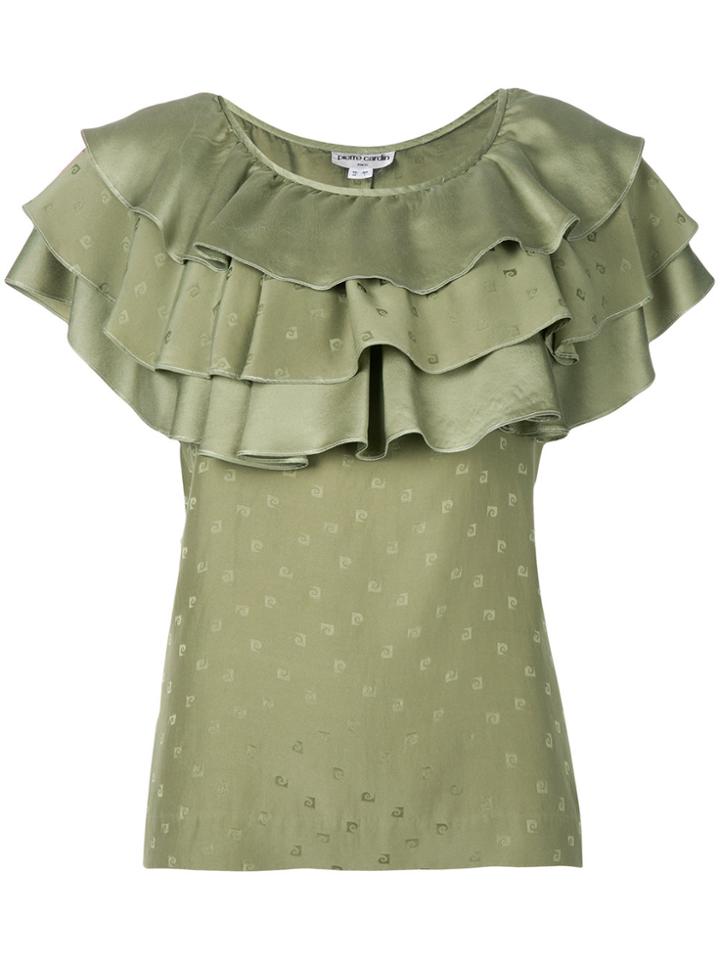 Pierre Cardin Vintage Geometric Pattern Ruffled Blouse - Green