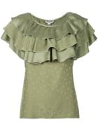 Pierre Cardin Vintage Geometric Pattern Ruffled Blouse - Green
