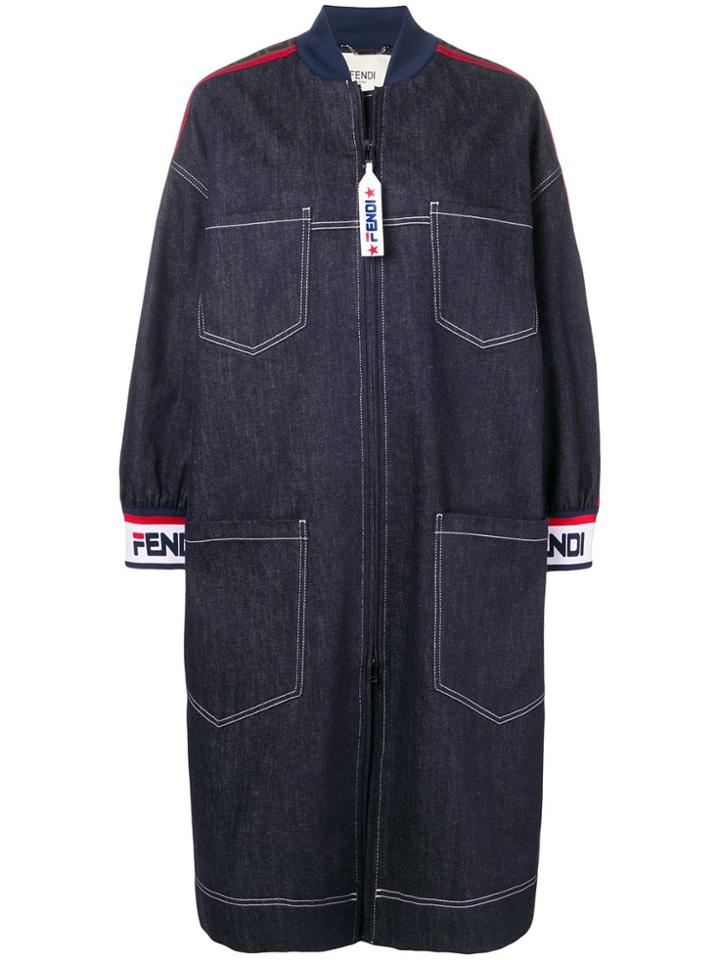 Fendi Zipped Logo Denim Coat - Blue