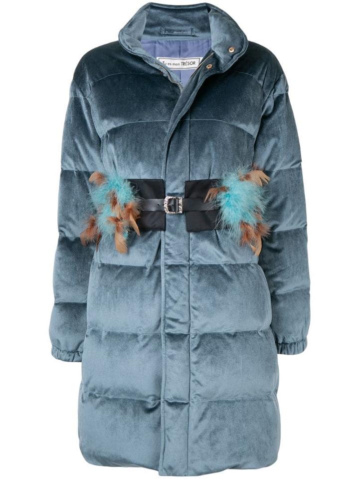 Tu Es Mon Trésor Feather Belt Velours Down Coat - Blue
