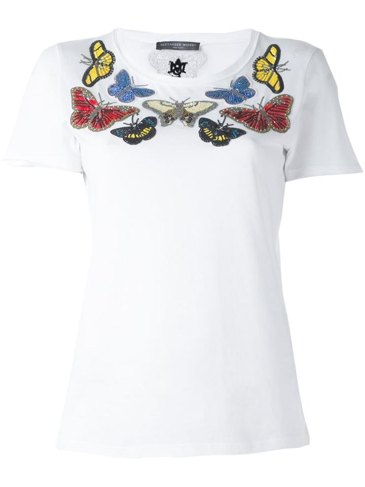 Alexander Mcqueen Embellished Butterfly T-shirt, Women's, Size: 38, White, Cotton/polyester