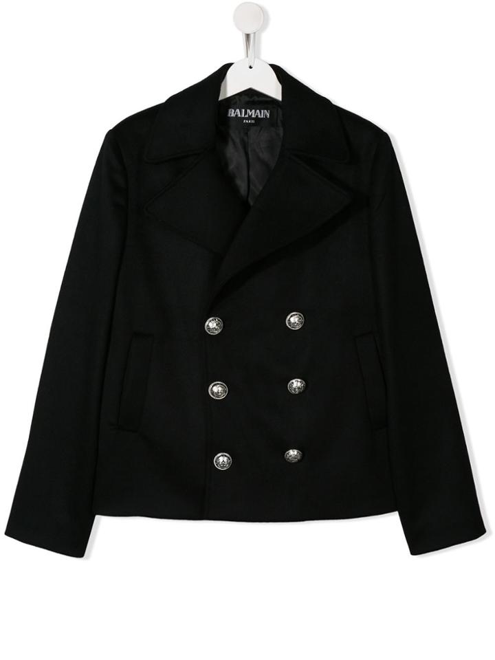 Balmain Kids Teen Printed Logo Double-breasted Coat - Black