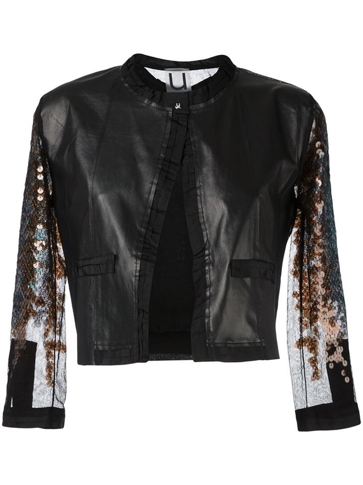 Aviù Three-quarters Sheer Sleeve Jacket, Women's, Size: Large, Black, Viscose/cotton/polyester/leather