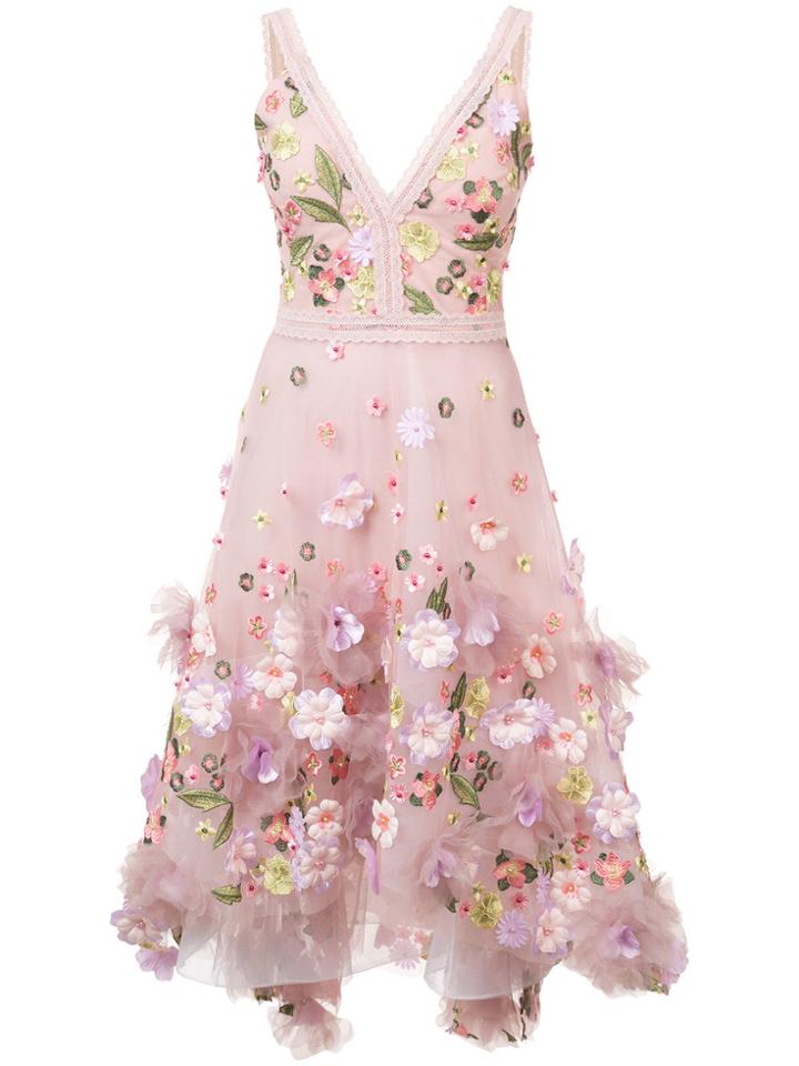 Marchesa Notte Floral-appliquéd Midi Dress - Pink & Purple