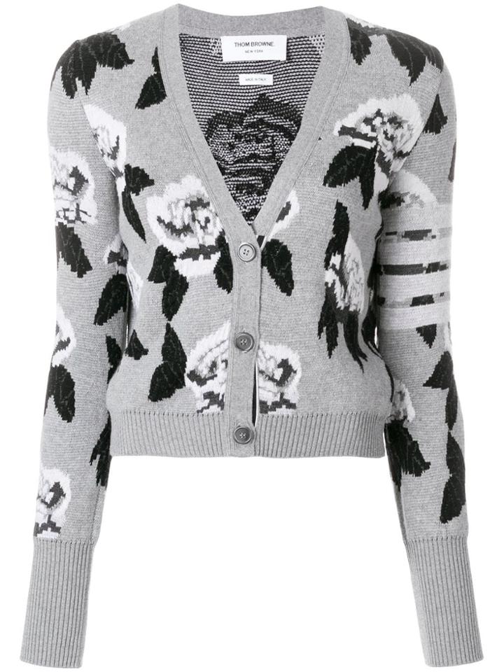 Thom Browne Boucle Rose Jacquard V-neck Cardigan - Grey