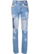 Forte Dei Marmi Couture Pearl Distressed Ripped Jeans - Blue