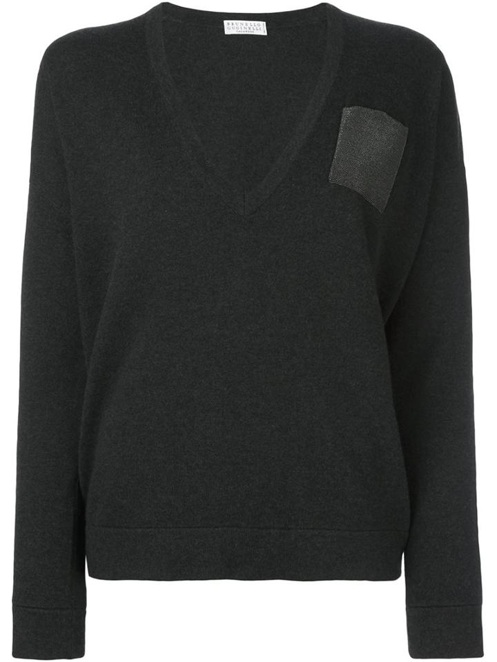 Brunello Cucinelli Contrast Pocket V-neck Pullover, Women's, Size: Xl, Grey, Silk/cashmere/virgin Wool