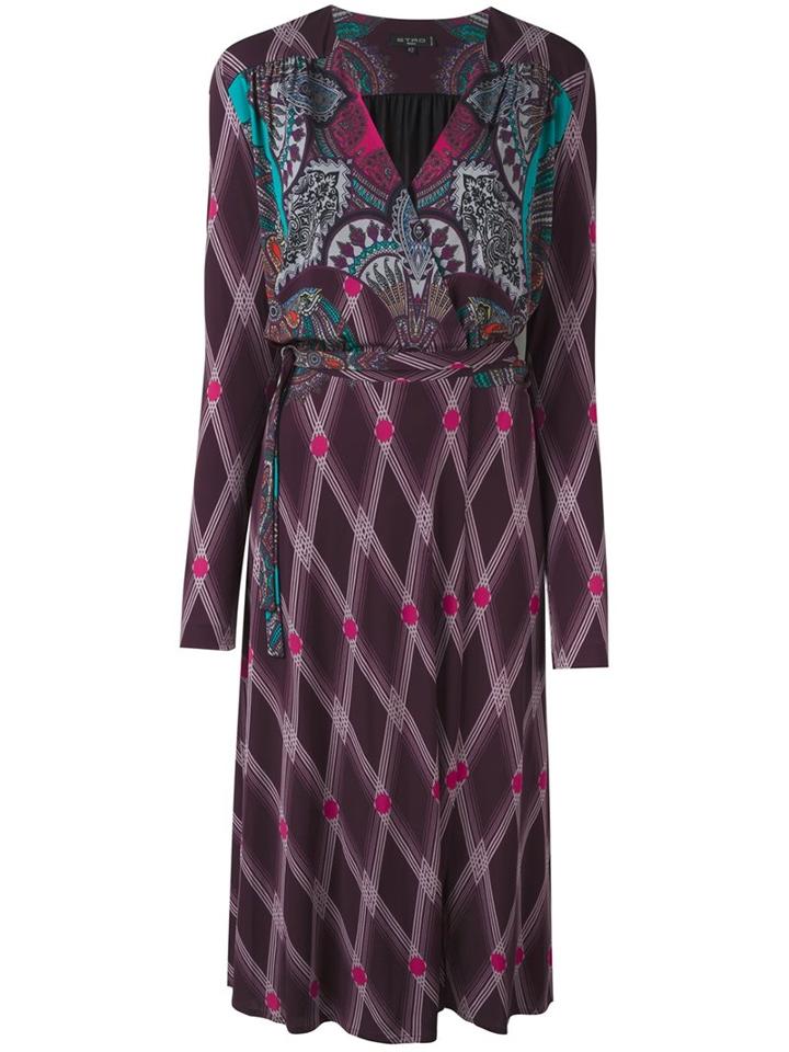 Etro Multi Print V Neck Dress, Women's, Size: 42, Purple, Viscose