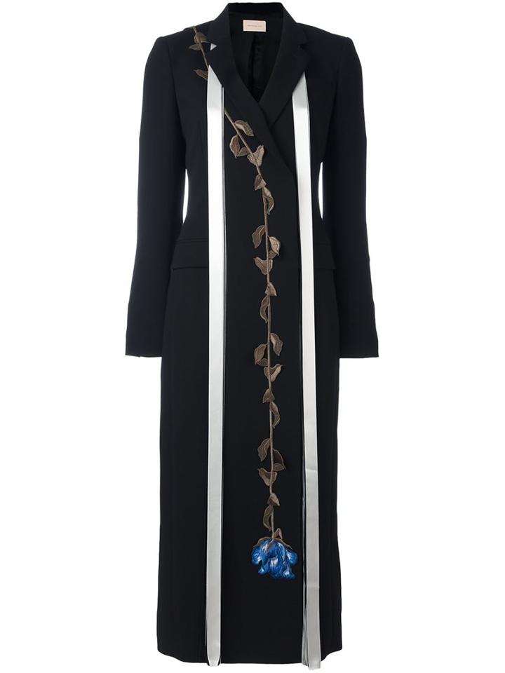 Christopher Kane Embroidered Rose Coat, Women's, Size: 46, Black, Silk/polyester/cupro/glass