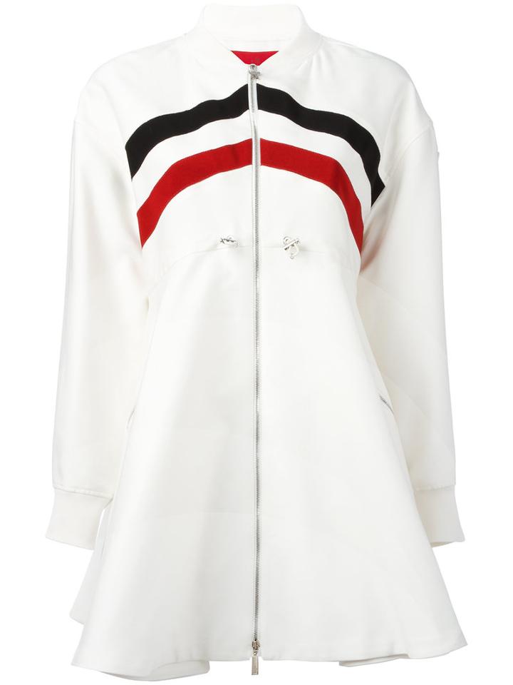 Moncler Gamme Rouge Striped Flared Coat, Women's, Size: 0, White, Silk/cotton