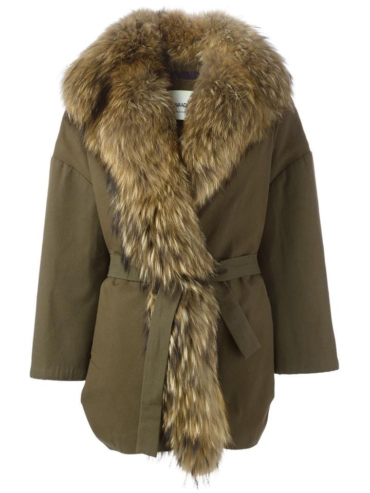 Ava Adore 'alexa' Belted Coat, Women's, Size: 40, Green, Cotton/acrylic/spandex/elastane/racoon Fur