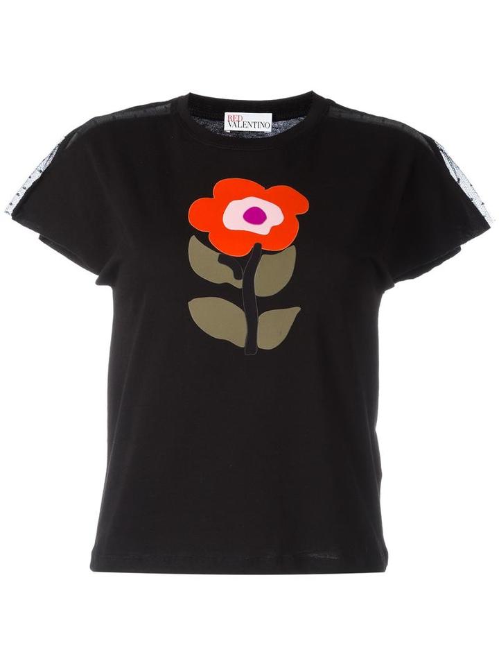 Red Valentino Floral Print T-shirt, Women's, Size: Large, Black, Cotton/polyamide