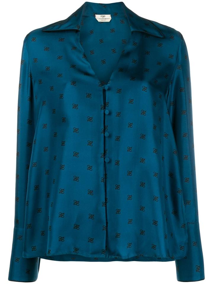 Fendi Silk Logo Printed Shirt - Blue