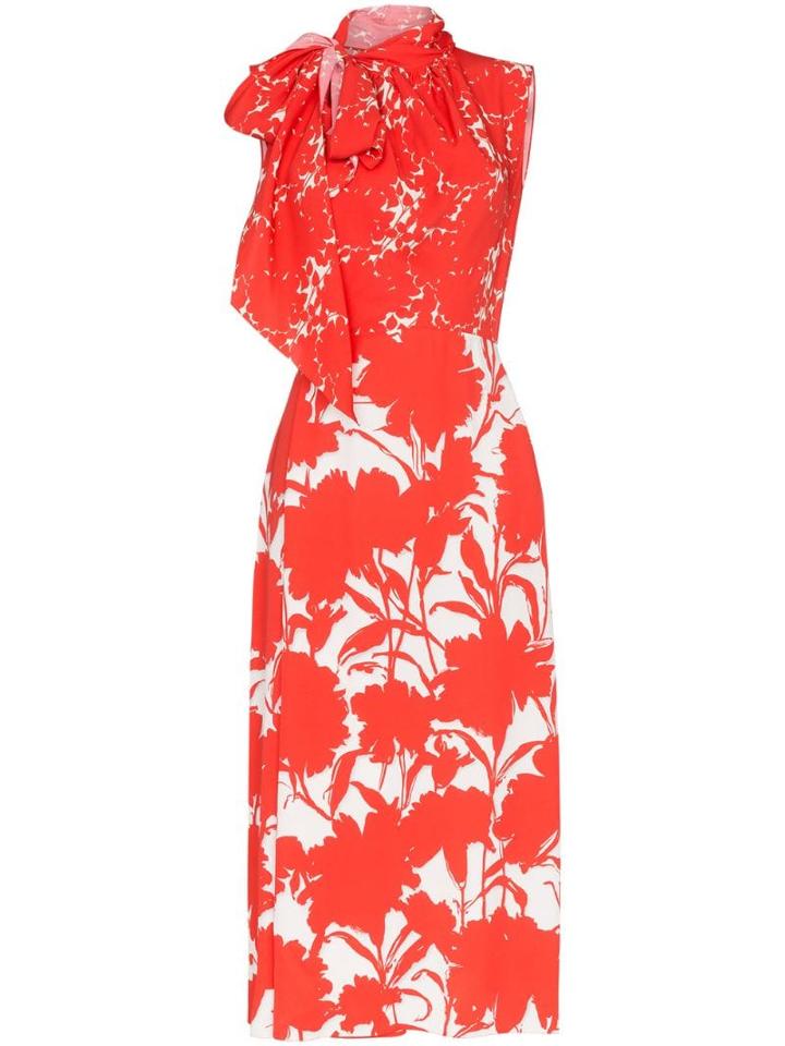 Prada Floral Print Tie-neck Midi Dress - Red