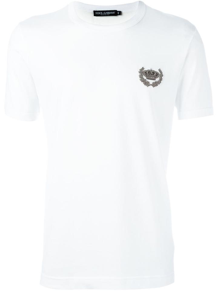 Dolce & Gabbana Embroidered Crown T-shirt, Men's, Size: 50, White, Cotton/polyester/metallic Fibre/copper