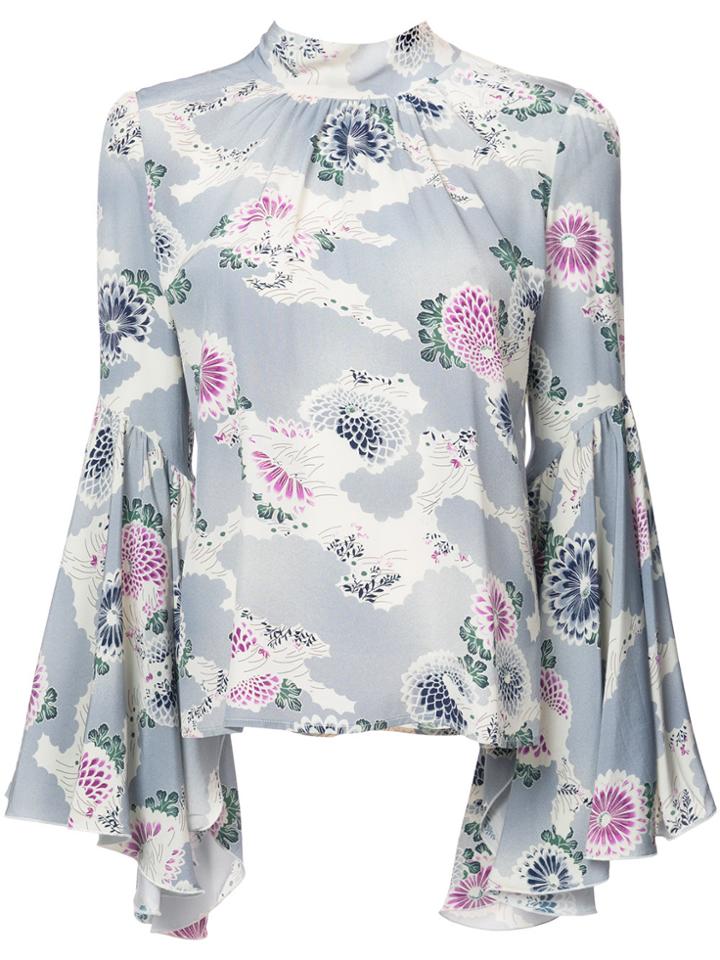 Co Flare Cuffed Floral Print Blouse - Blue