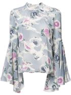 Co Flare Cuffed Floral Print Blouse - Blue