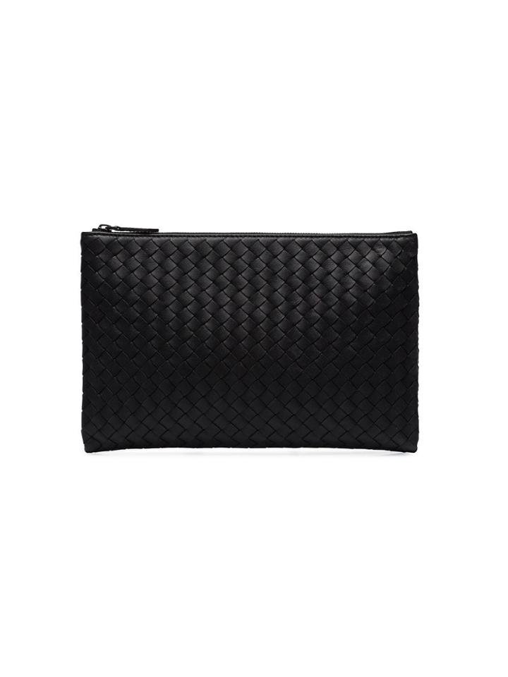Bottega Veneta Bttga Blk Weave Zip Pch - Black