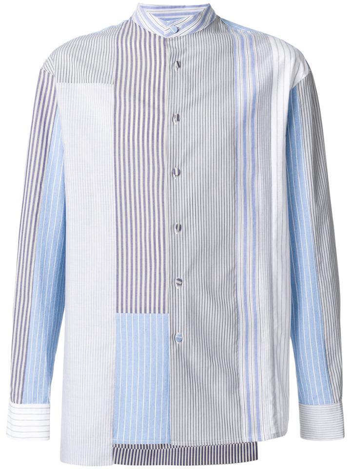 Maison Flaneur Mandarin-collar Patchwork Striped Shirt - Blue