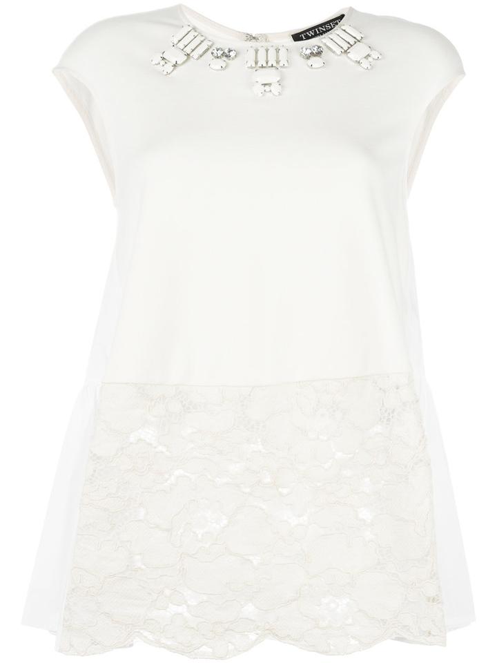 Twin-set - Embellished Lace Panel T-shirt - Women - Cotton/polyamide/spandex/elastane/viscose - 42, White, Cotton/polyamide/spandex/elastane/viscose