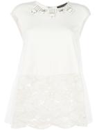 Twin-set - Embellished Lace Panel T-shirt - Women - Cotton/polyamide/spandex/elastane/viscose - 42, White, Cotton/polyamide/spandex/elastane/viscose