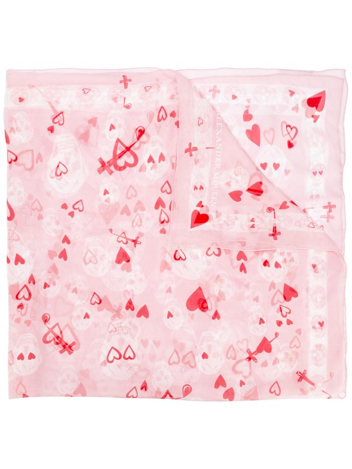 Alexander Mcqueen Heart And Skull Print Scarf, Women's, Pink/purple, Silk