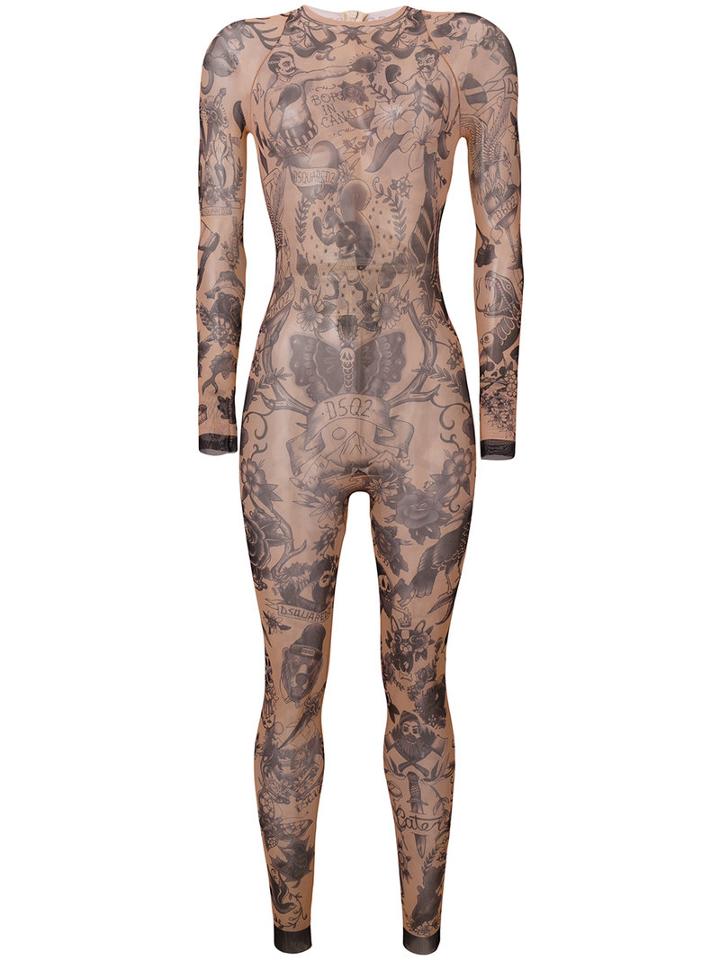 Dsquared2 - Tattoo Print Bodysuit - Women - Polyamide/spandex/elastane - M, Nude/neutrals, Polyamide/spandex/elastane