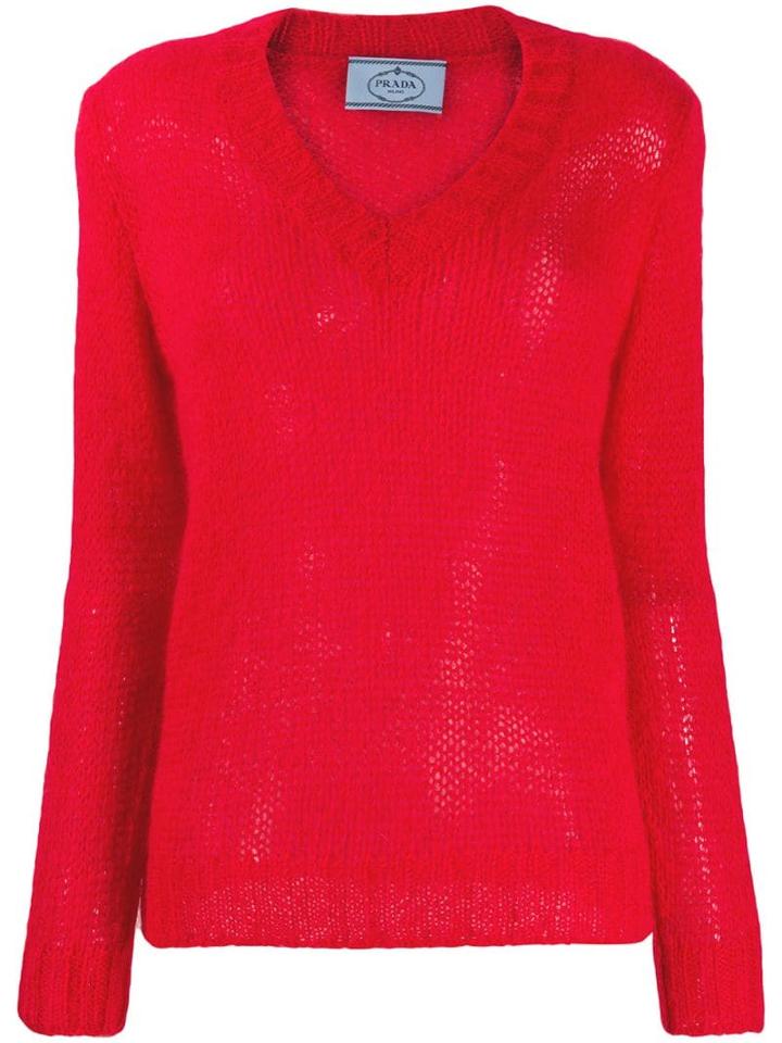 Prada Open Knit V-neck Jumper - Red