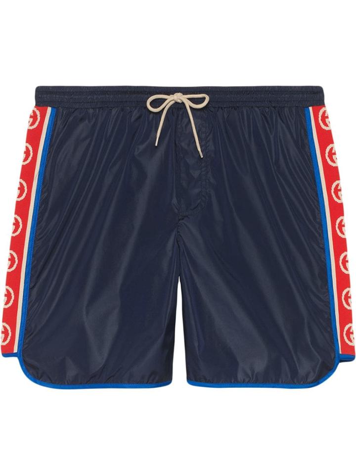 Gucci Nylon Swim Shorts With Logo Stripe - Blue