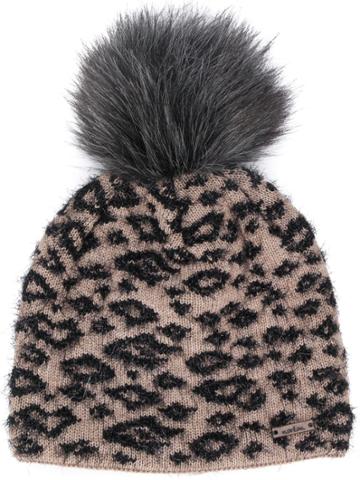 Norton Pom Pom Animal Print Beanie - Brown