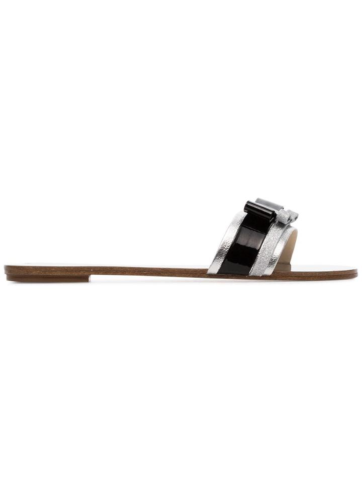 Sophia Webster Andie Slide Bow Grainy Leather Sandals - Metallic