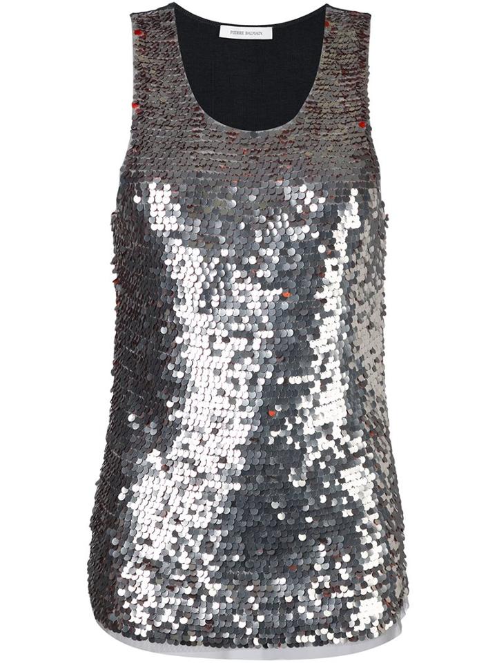 Pierre Balmain Glimmer Metallion Tank Top, Women's, Size: 40, Grey, Cotton/polyamide