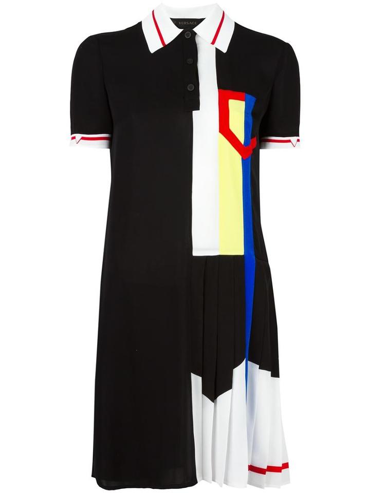 Versace Pleated Ribbon Polo Dress, Women's, Size: 38, Black, Viscose/silk