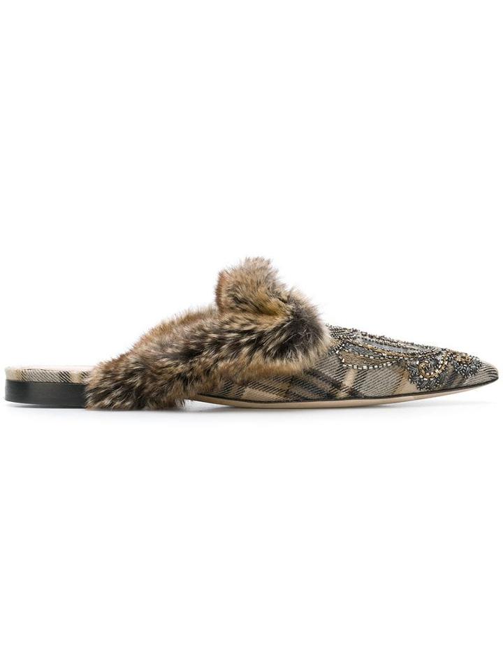 Alberta Ferretti Embroidered Deer Mules - Neutrals