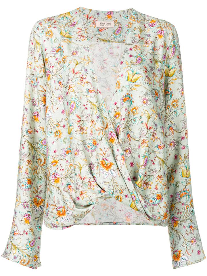 Black Coral Floral Print Twist Blouse - Green