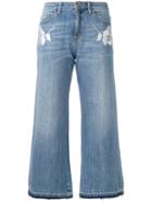 Blugirl - Floral Patch Wide Leg Cropped Jeans - Women - Cotton/spandex/elastane - 42, Blue, Cotton/spandex/elastane