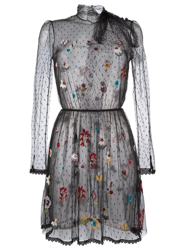 Red Valentino Floral Embroidered Tulle Dress, Women's, Size: 42, Black, Polyamide