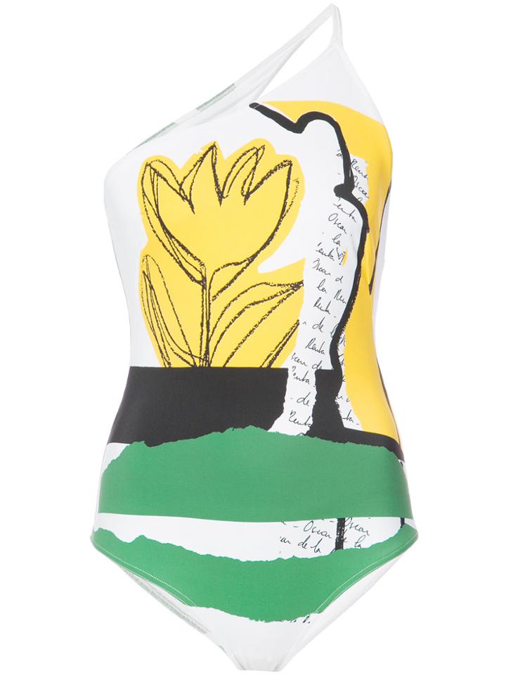 Oscar De La Renta One Shoulder Printed Swimsuit - White