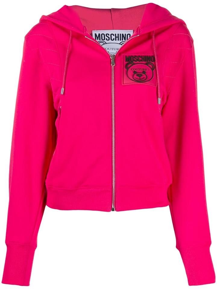 Moschino Logo Patch Zip-front Hoodie - Pink