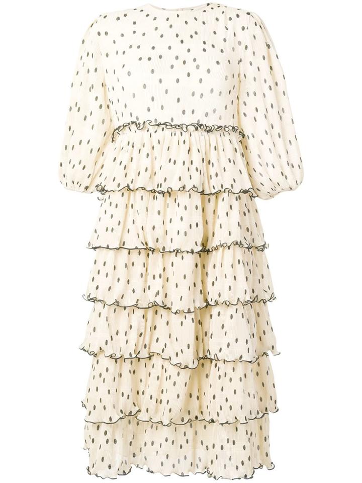 Ganni Polka Dot Tiered Dress - Neutrals
