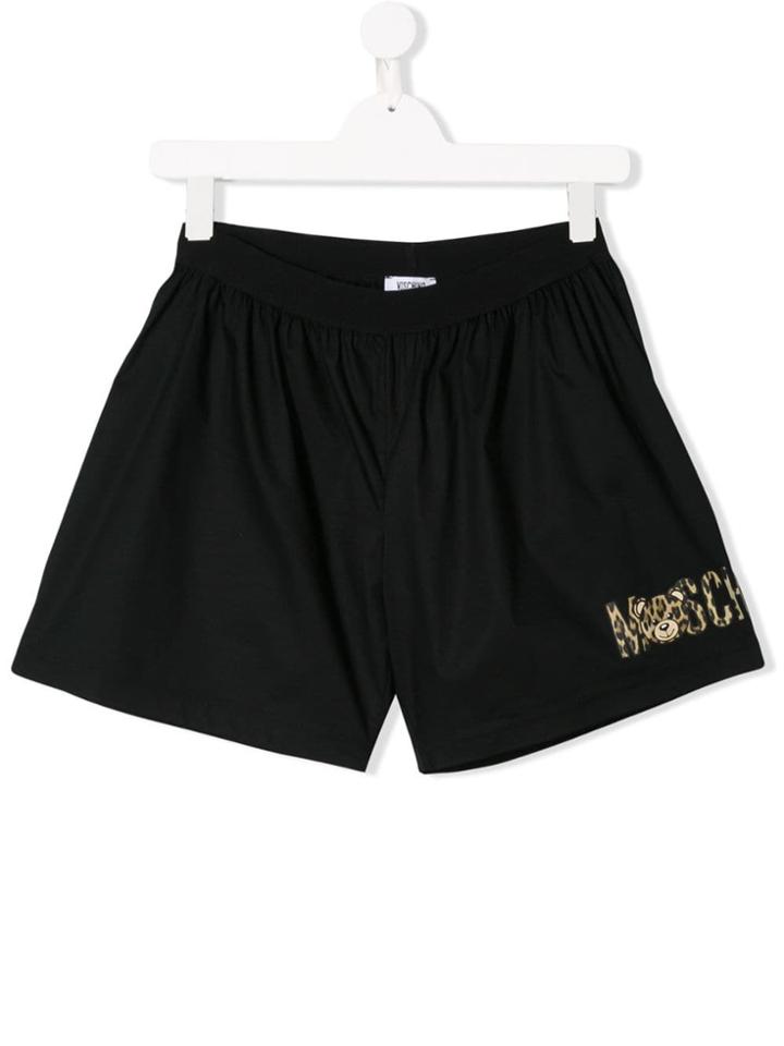 Moschino Kids Teen Leopard Logo Print Shorts - Black