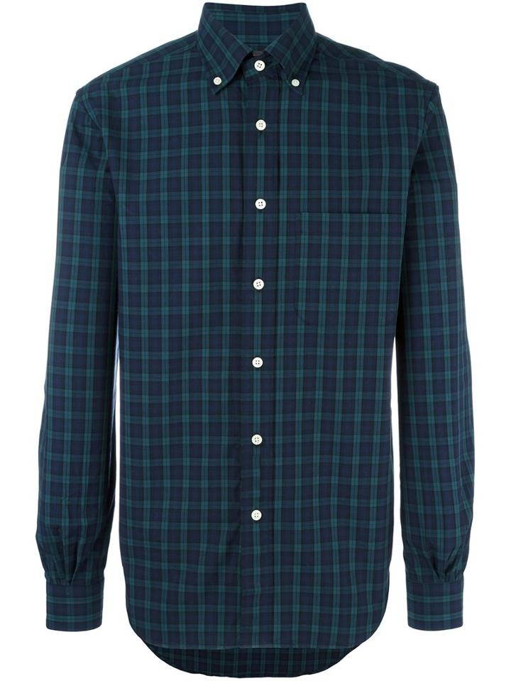 Mp Massimo Piombo Button Down Collar Black Watch Pattern Shirt, Men's, Size: 43, Blue, Cotton