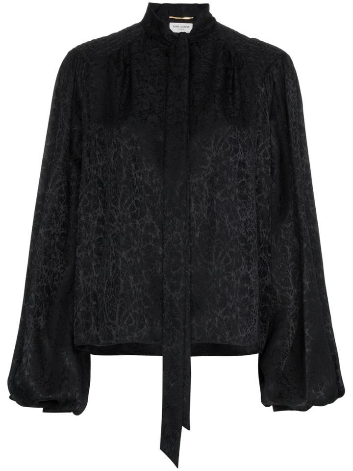 Saint Laurent Rose Jacquard Voluminous Sleeve Silk Blouse - Black