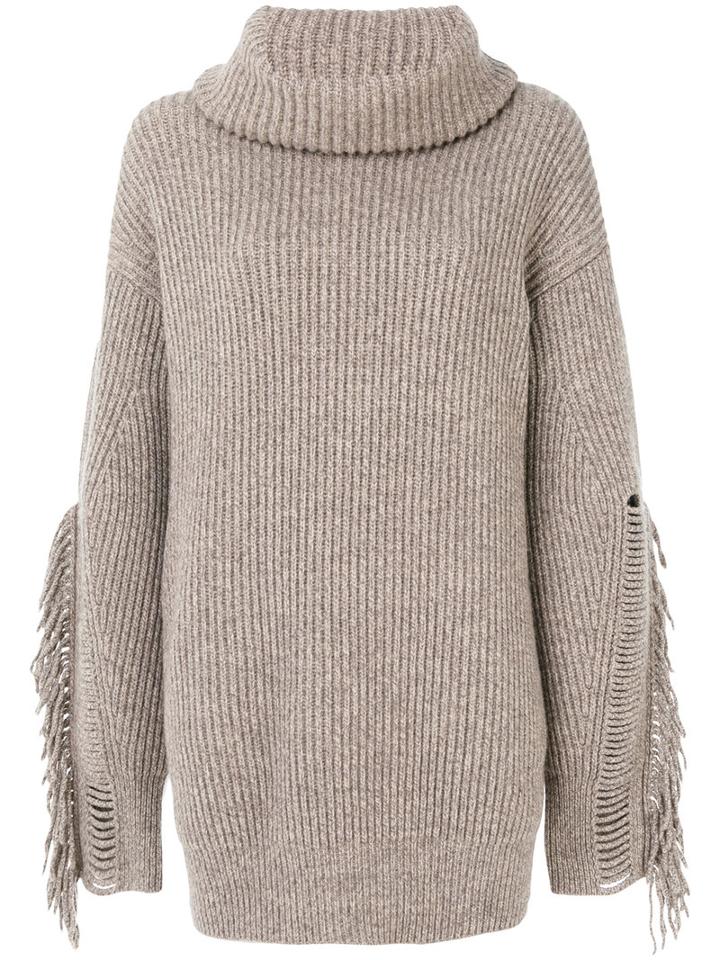 Stella Mccartney - Fringe Sleeve Sweater - Women - Cashmere/wool - 38, Nude/neutrals, Cashmere/wool
